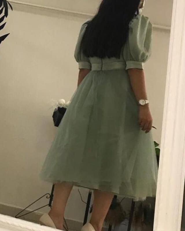 Sage Tulle V-neck Puffy Sleeve Cottagecore Dress - RongMoon