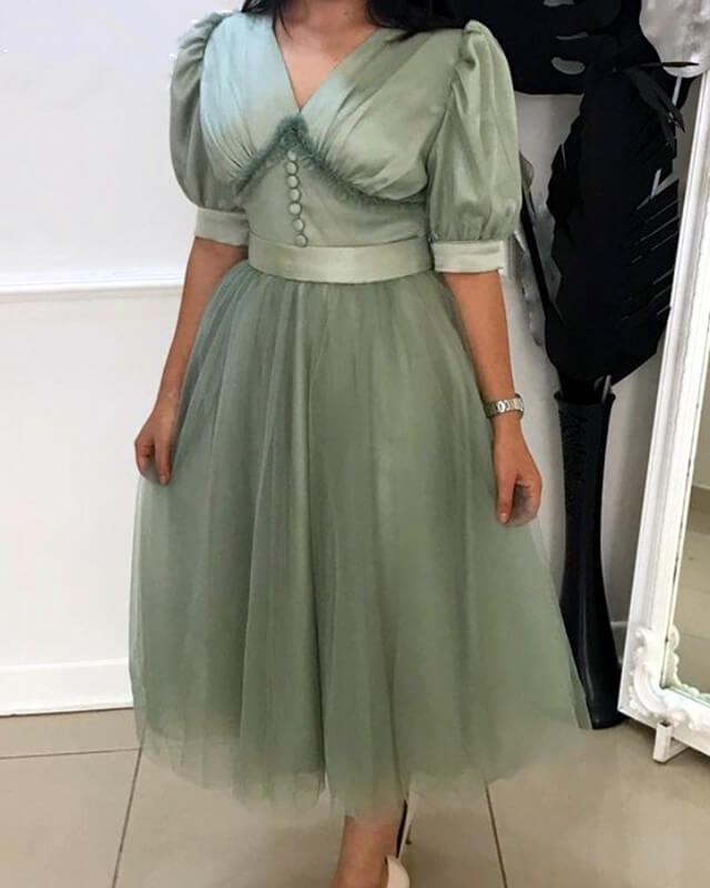 Sage Tulle V-neck Puffy Sleeve Cottagecore Dress - RongMoon
