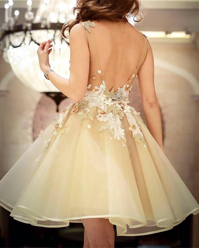 Short Floral Lace Embroidery Open Back Homecoming  Dress - RongMoon