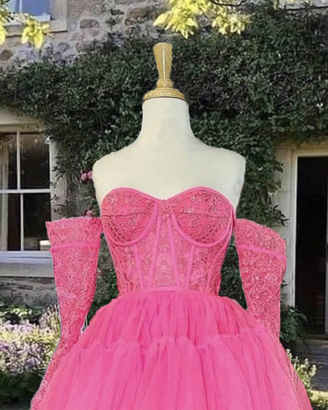 Short Hot Pink Tulle Dress With Lace Sleeves