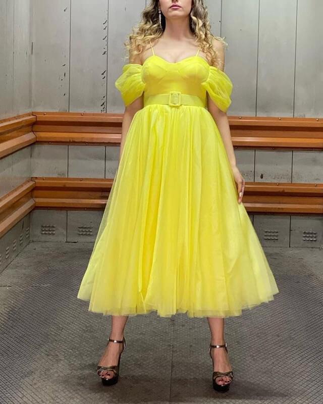 Yellow Tulle Midi Off-the-shoulder Dress - RongMoon