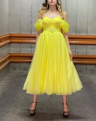 Yellow Tulle Midi Off-the-shoulder Dress - RongMoon