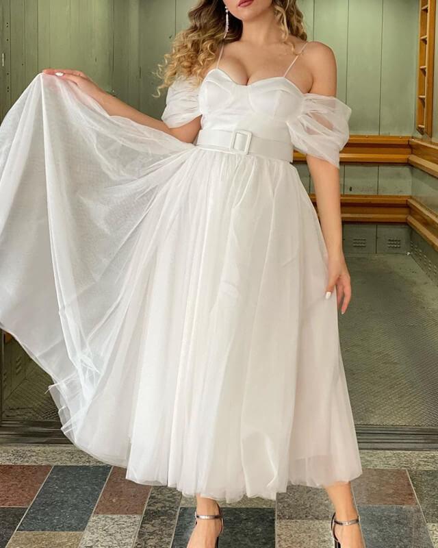 Yellow Tulle Midi Off-the-shoulder Dress - RongMoon