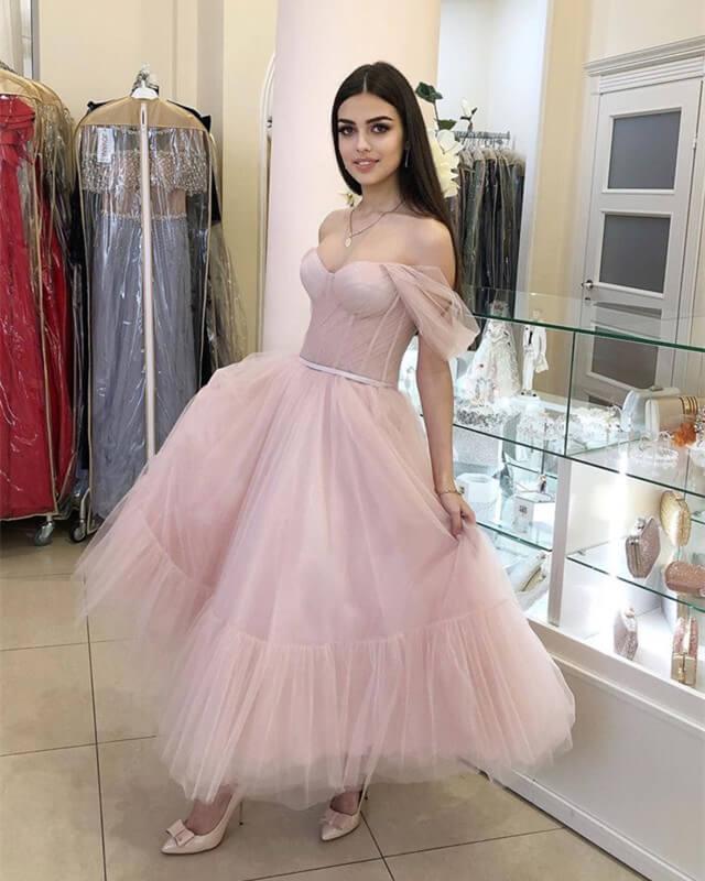 Pink Tulle Off-the-shoulder Midi Dress - RongMoon