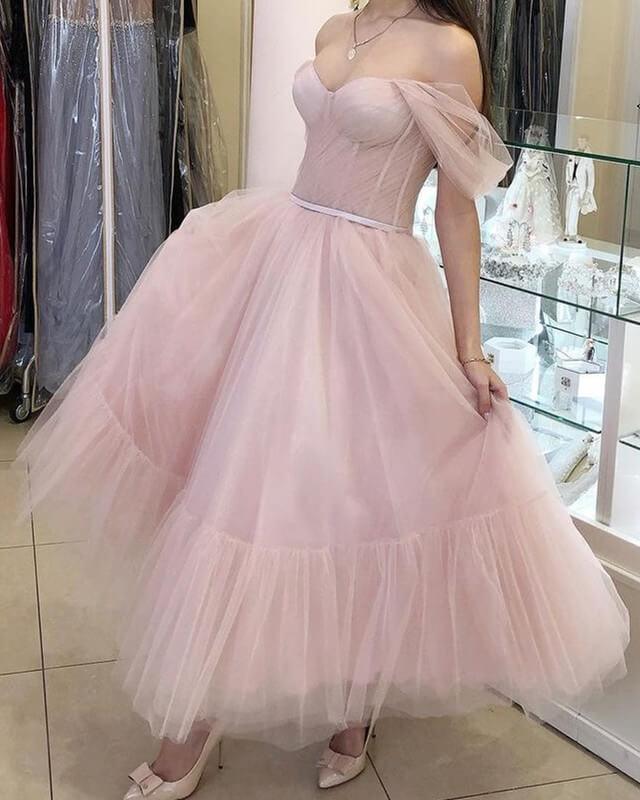 Pink Tulle Off-the-shoulder Midi Dress - RongMoon
