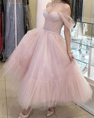 Pink Tulle Off-the-shoulder Midi Dress - RongMoon