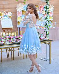 Light Blue Lace Open Back Knee Length Tulle Dress - RongMoon