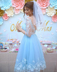 Light Blue Lace Open Back Knee Length Tulle Dress - RongMoon