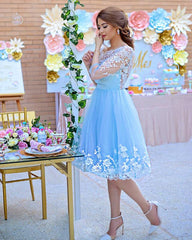 Light Blue Lace Open Back Knee Length Tulle Dress - RongMoon