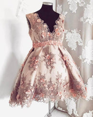 Short Blush Lace Flowers Embroidery V-neck Cocktail Dress - RongMoon