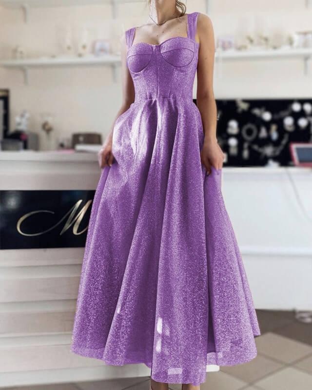 Lavender A-line Sparkly Corset Midi Dress - RongMoon
