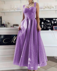 Lavender A-line Sparkly Corset Midi Dress - RongMoon