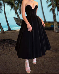 Black Velvet Tea Length Strapless Corset Dress - RongMoon