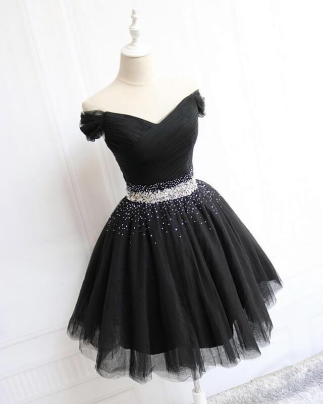 Short Black Tulle Off The Shoulder Dress Beaded Sashes - RongMoon