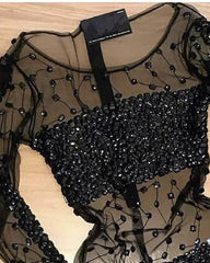 Long Sleeve Black See Through Homecoming Dresses Crystal Beaded - RongMoon