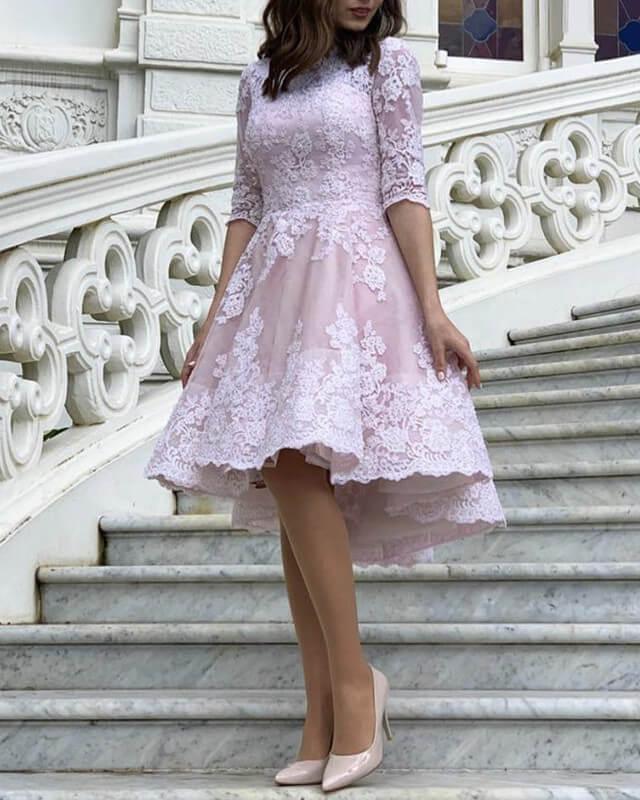 Short Ivory And Pink Dress With Sleeves - RongMoon