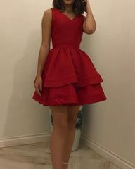 Short Red Satin V-neck Tiered Dress - RongMoon