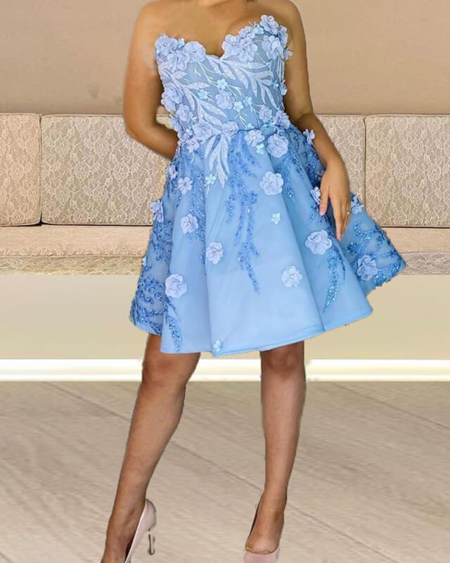 Light Blue 3D Flowers Mini Dress - RongMoon
