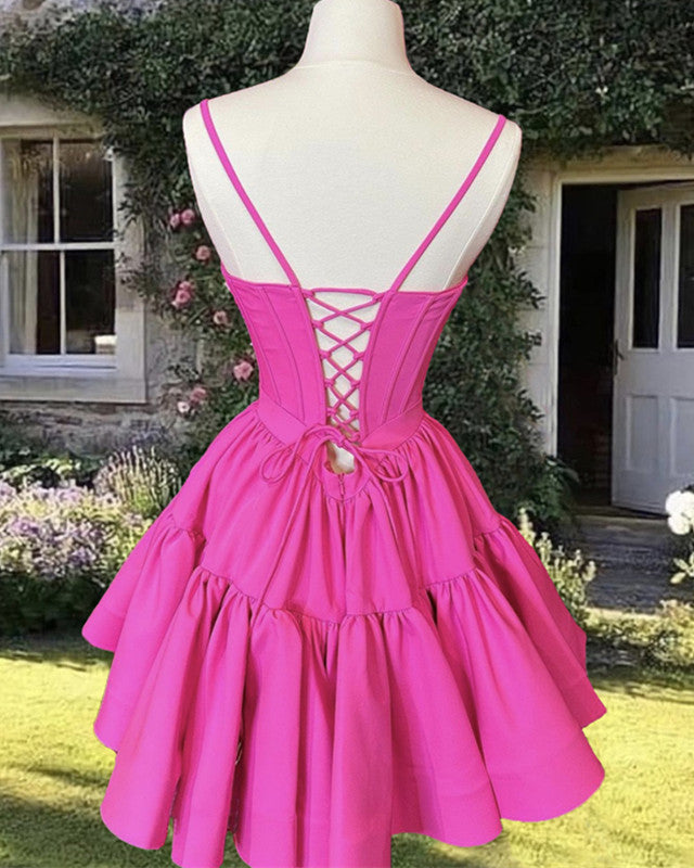 Short Hot Pink Satin Corset Ruffles Dress