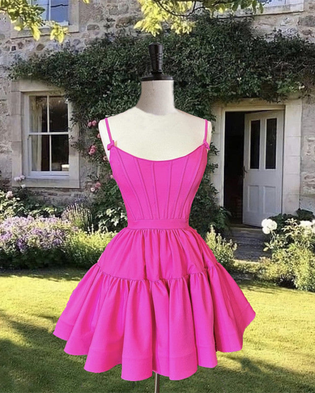 Short Hot Pink Satin Corset Ruffles Dress