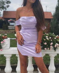 Short Tight Lavender Satin Ruched Homecoming Dresses - RongMoon