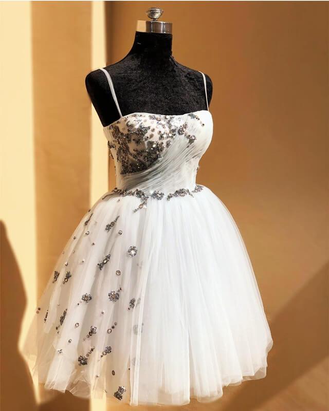 Short White Tulle Spaghetti Strap Dresses With Pearl Beaded - RongMoon