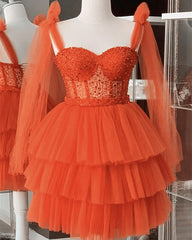 Short Orange Tulle Beaded Corset Dress
