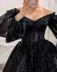 Short Black Sparkly Puffy Sleeve Dress