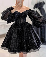 Short Black Sparkly Puffy Sleeve Dress