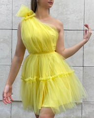 One Shoulder Tiered Tulle Mini Dress