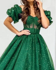 Puffy Sleeves Corset Midi Sparkly Ball Gown Dress
