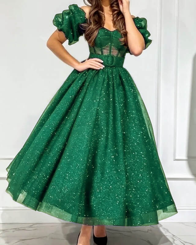 Puffy Sleeves Corset Midi Sparkly Ball Gown Dress
