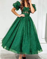 Puffy Sleeves Corset Midi Sparkly Ball Gown Dress