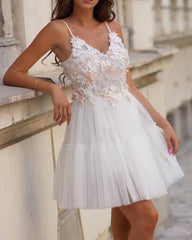 Spaghetti Straps Tulle V Neck Mini Dress With 3d flowers - RongMoon