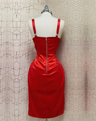 Red Sheath Midi Dress With Slit - RongMoon