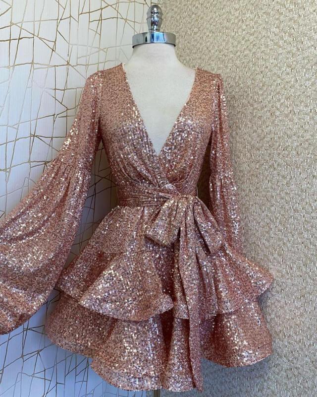Sparkly Long Sleeve Rose Gold V-neck Sequin Dress - RongMoon