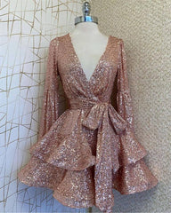 Sparkly Long Sleeve Rose Gold V-neck Sequin Dress - RongMoon