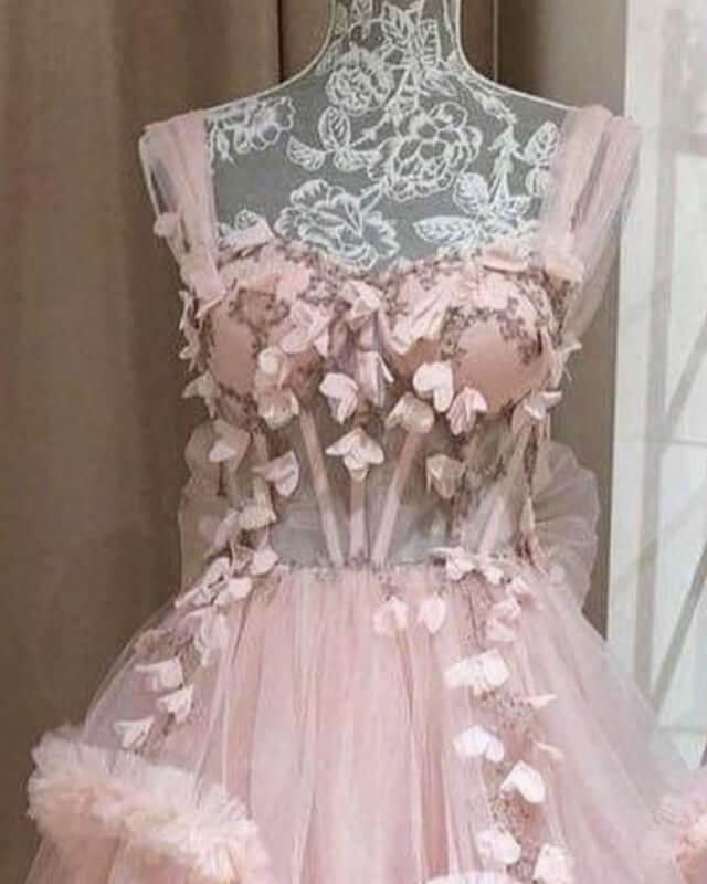 Short Pink Tulle Corset Dress With Handmade Flowers - RongMoon