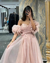 Short Pink Tulle Puffy Sleeve Party Dress - RongMoon