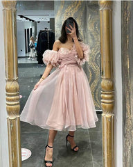 Short Pink Tulle Puffy Sleeve Party Dress - RongMoon