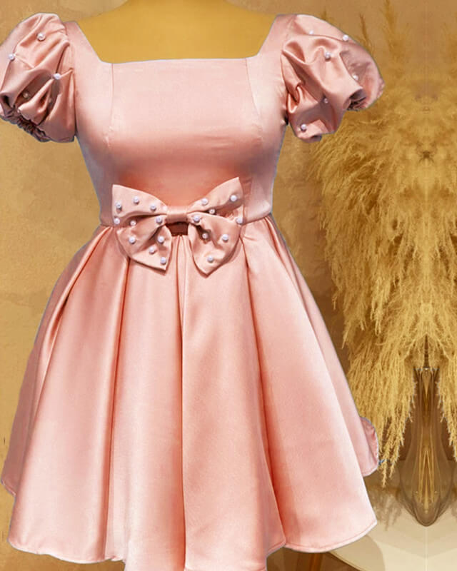 Short Pink Satin Party Dress With Bow