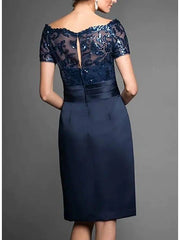 Sheath / Column Mother of the Bride Dress Elegant Off Shoulder Knee Length Chiffon Lace Tulle Short Sleeve with Lace Sequin - RongMoon