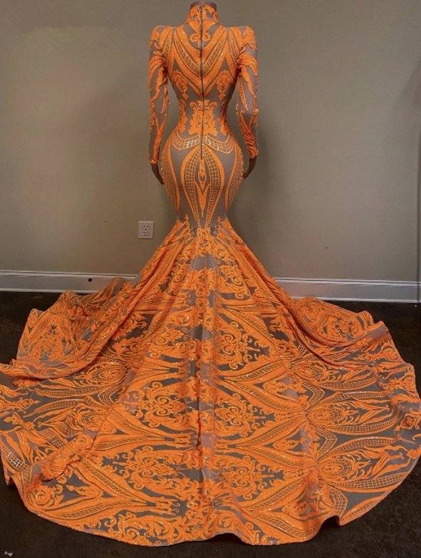 Orange Robe De Soiree Mermaid Long Sleeves Appliques Sequins Long Prom Dresses Prom Gown Evening Dresses - RongMoon