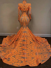 Orange Robe De Soiree Mermaid Long Sleeves Appliques Sequins Long Prom Dresses Prom Gown Evening Dresses - RongMoon