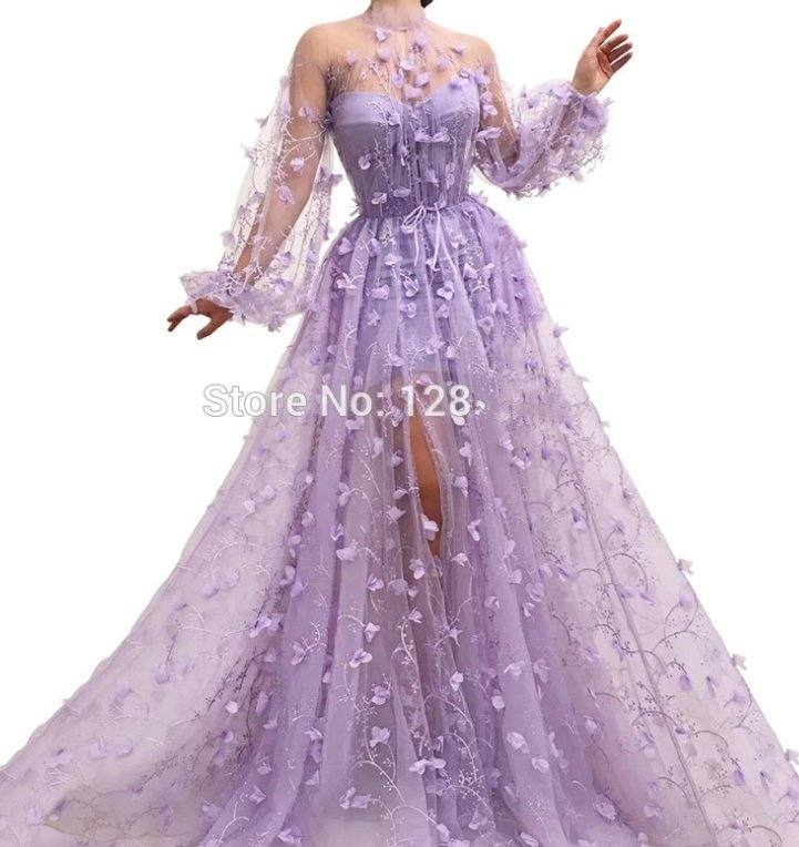 Lavender Muslim Evening Dresses A-line Long Sleeves Tulle Flowers Long Islamic Dubai Saudi Arabic Long Formal Evening Gown - RongMoon