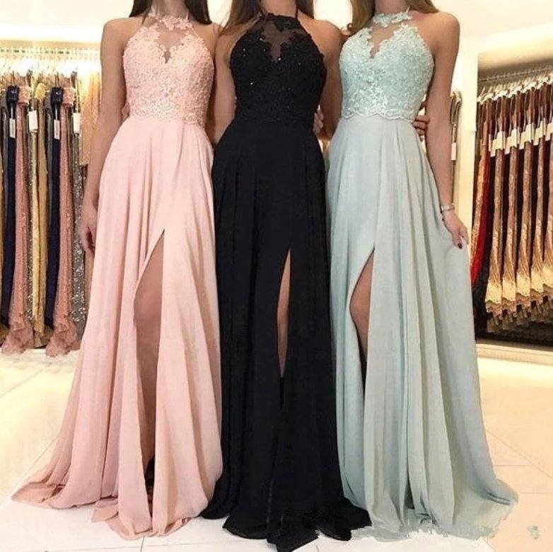 Black Bridesmaid Dresses For Women A-line Halter Appliques Beaded Slit Long Cheap Under 50 Wedding Party Dresses - RongMoon