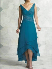 A-Line Mother of the Bride Dress Sexy V Neck Asymmetrical Chiffon Satin Sleeveless with Beading Tier - RongMoon