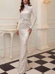 Sheath / Column Glittering Sparkle Party Wear Formal Evening Dress High Neck Long Sleeve Floor Length Sequined with Sequin - RongMoon
