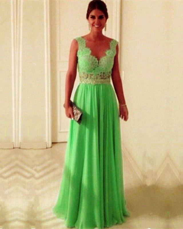 Sexy Nude Back Chiffon Floor Length Bridesmaid Dresses Lace Appliques - RongMoon
