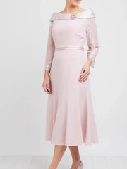 A-Line Mother of the Bride Dress Elegant Jewel Neck Tea Length Lace Satin Long Sleeve with Pleats Beading - RongMoon